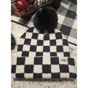 Steve Madden Beanie Checkerboard Black White Pom Pom Knit Winter Hat